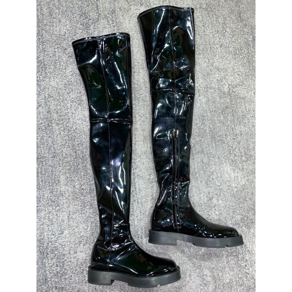 Givenchy Squared Black Patent Leather Thigh High OTK Over The Knee Flat Boots 41 - Picture 2 of 12